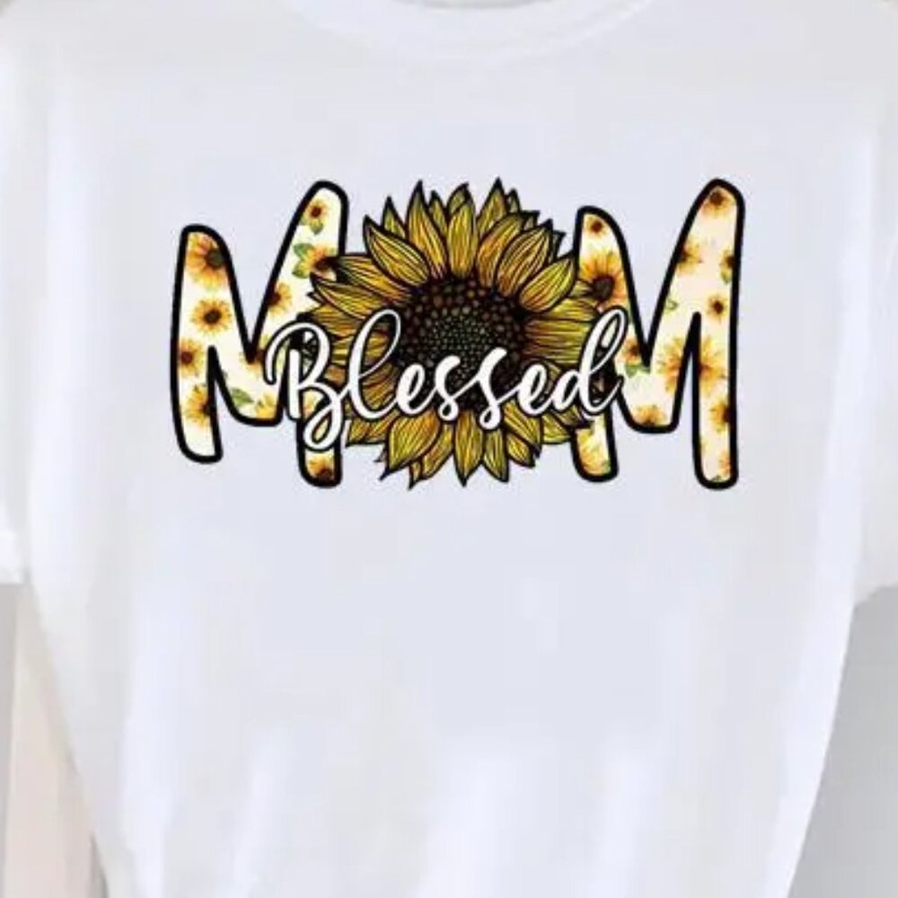 Blessed Mom Sunflower Yellow Printed Round Neck Short-Sleeved T-Shirt Size L